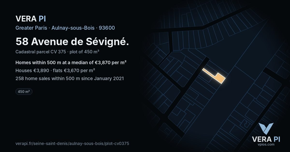 58 Avenue de Sévigné, Aulnay-sous-Bois at night – the plot lit, the parcels around coloured by the prices near them