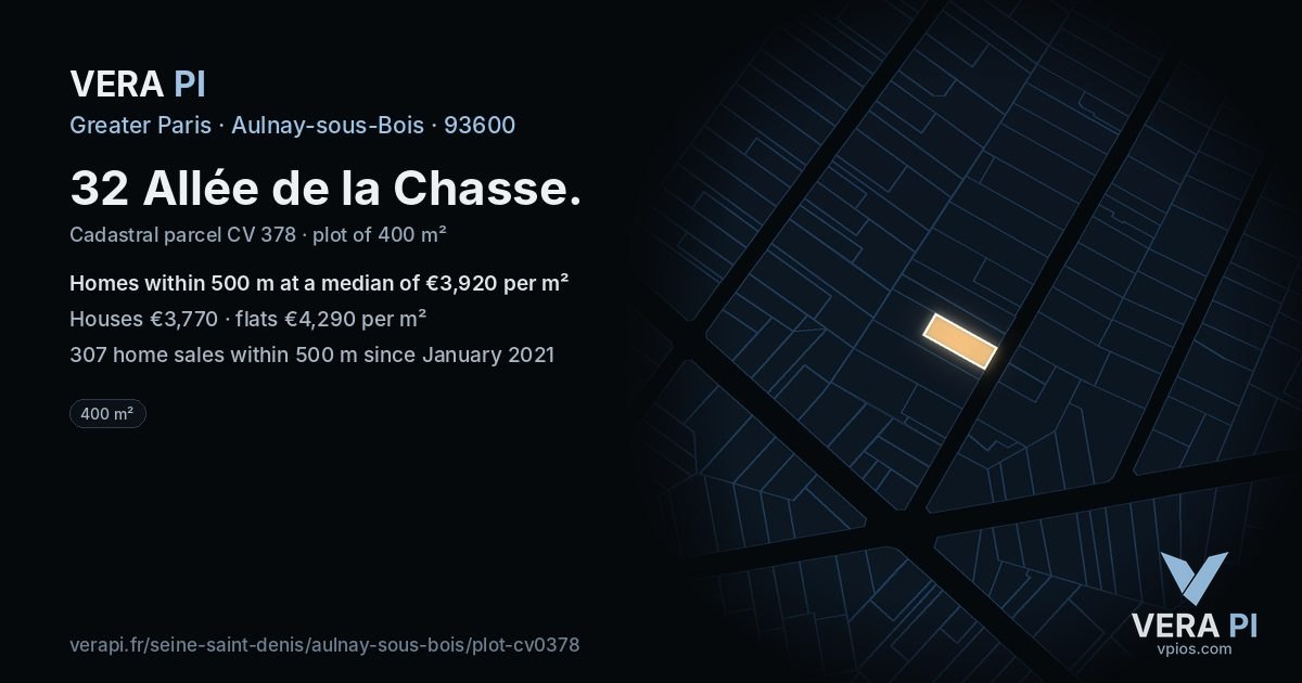 32 Allée de la Chasse, Aulnay-sous-Bois at night – the plot lit, the parcels around coloured by the prices near them
