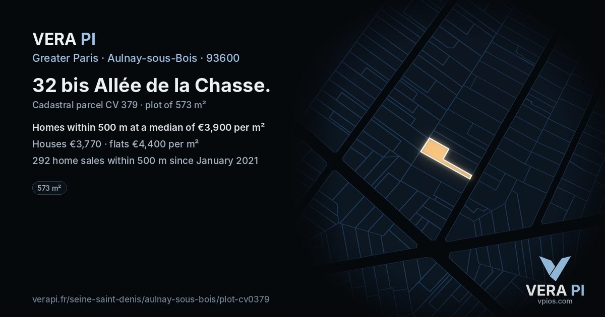 32 bis Allée de la Chasse, Aulnay-sous-Bois at night – the plot lit, the parcels around coloured by the prices near them
