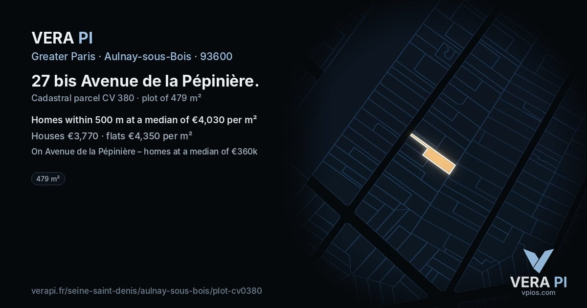 27 bis Avenue de la Pépinière, Aulnay-sous-Bois at night – the plot lit, the parcels around coloured by the prices near them