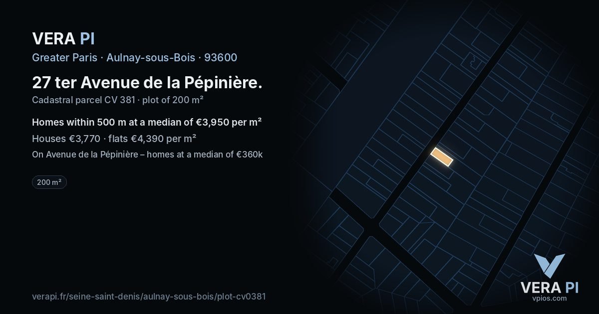 27 ter Avenue de la Pépinière, Aulnay-sous-Bois at night – the plot lit, the parcels around coloured by the prices near them