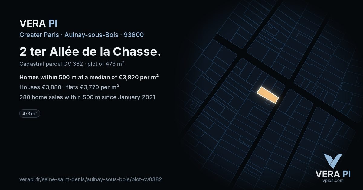 2 ter Allée de la Chasse, Aulnay-sous-Bois at night – the plot lit, the parcels around coloured by the prices near them
