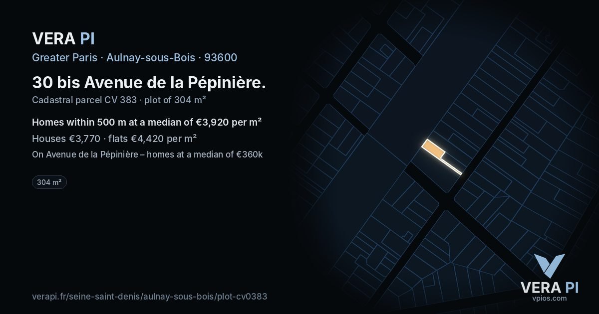 30 bis Avenue de la Pépinière, Aulnay-sous-Bois at night – the plot lit, the parcels around coloured by the prices near them