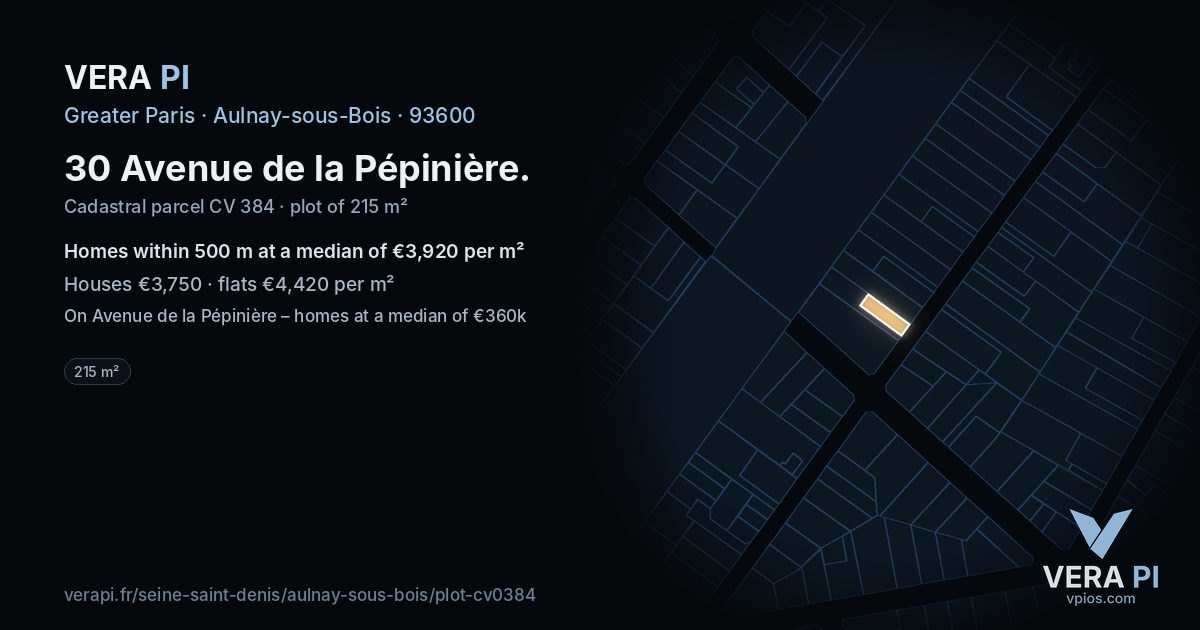 30 Avenue de la Pépinière, Aulnay-sous-Bois at night – the plot lit, the parcels around coloured by the prices near them