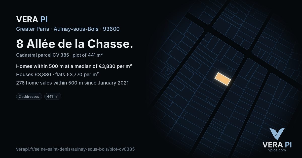 8 Allée de la Chasse, Aulnay-sous-Bois at night – the plot lit, the parcels around coloured by the prices near them