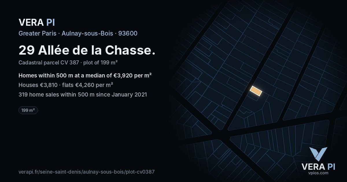 29 Allée de la Chasse, Aulnay-sous-Bois at night – the plot lit, the parcels around coloured by the prices near them