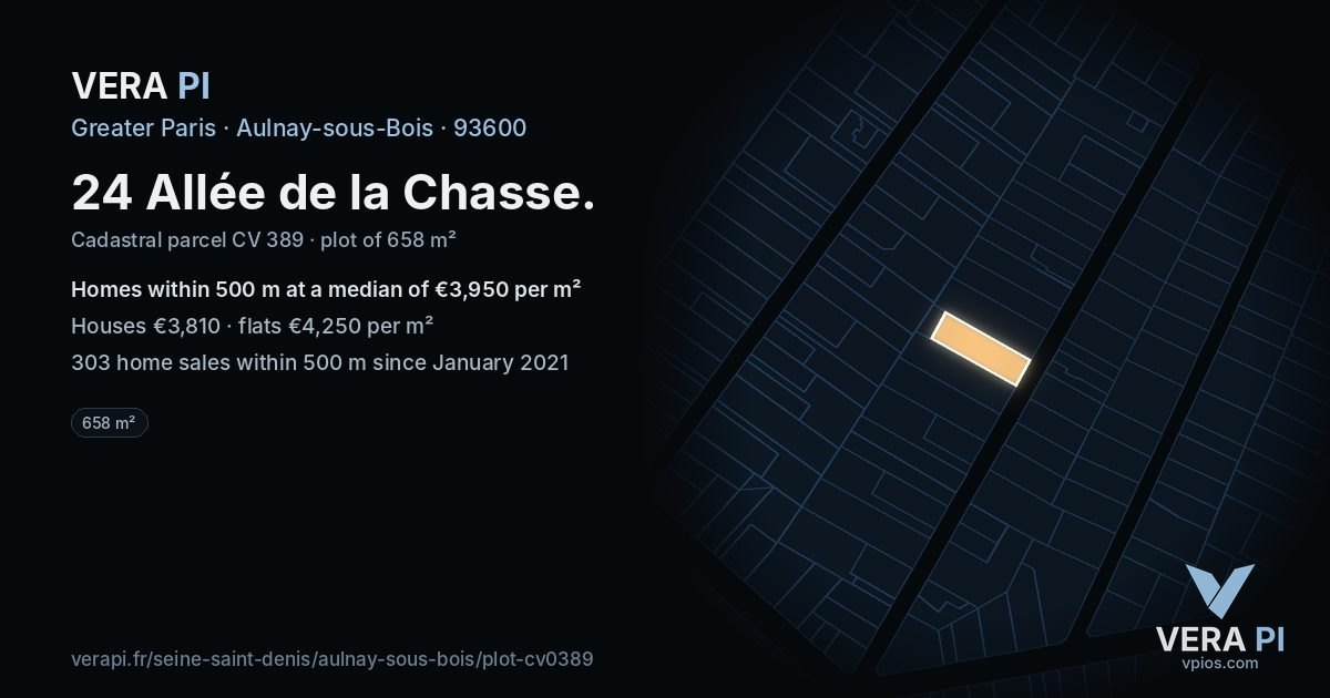 24 Allée de la Chasse, Aulnay-sous-Bois at night – the plot lit, the parcels around coloured by the prices near them