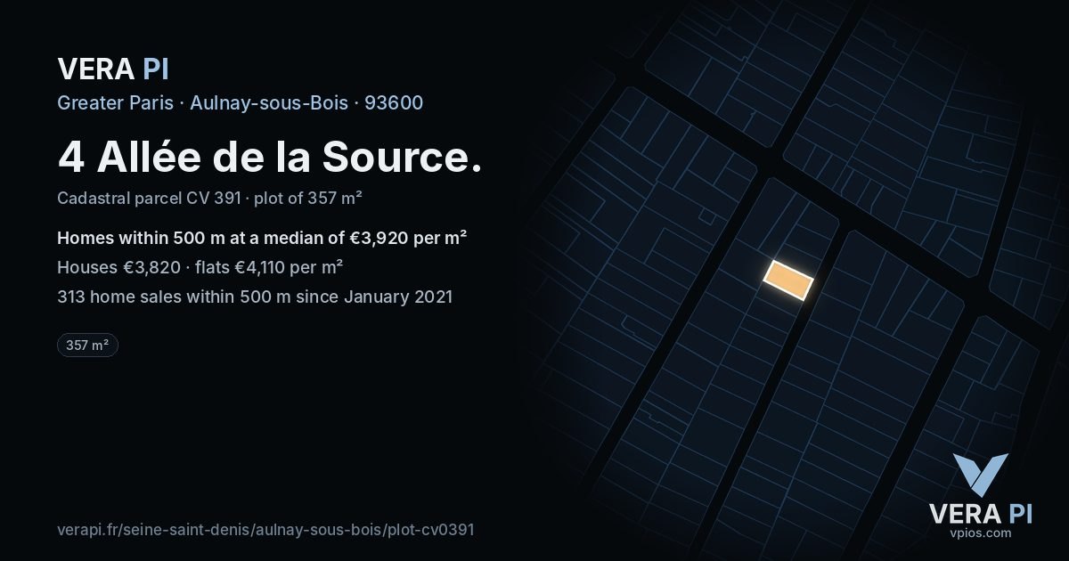 4 Allée de la Source, Aulnay-sous-Bois at night – the plot lit, the parcels around coloured by the prices near them