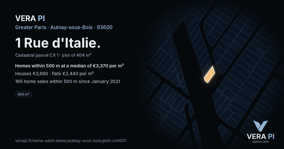 1 Rue d'Italie, Aulnay-sous-Bois at night – the plot lit, the parcels around coloured by the prices near them