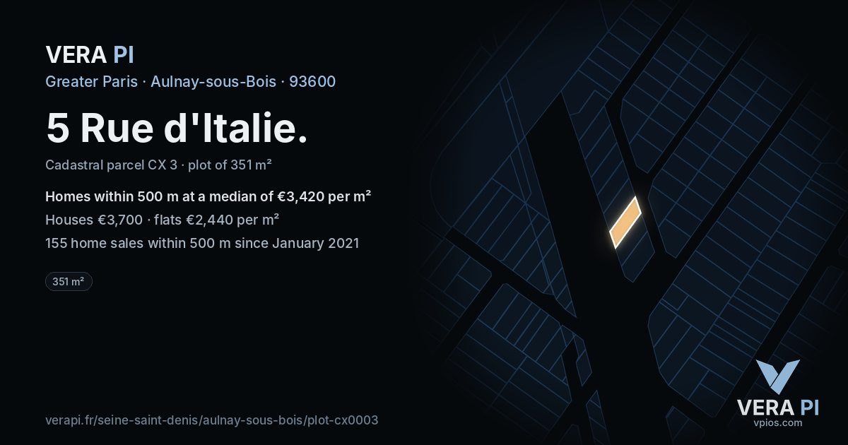 5 Rue d'Italie, Aulnay-sous-Bois at night – the plot lit, the parcels around coloured by the prices near them