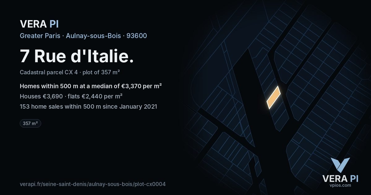7 Rue d'Italie, Aulnay-sous-Bois at night – the plot lit, the parcels around coloured by the prices near them