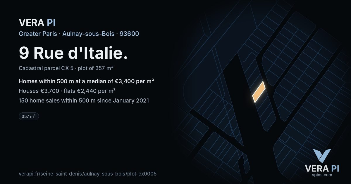 9 Rue d'Italie, Aulnay-sous-Bois at night – the plot lit, the parcels around coloured by the prices near them