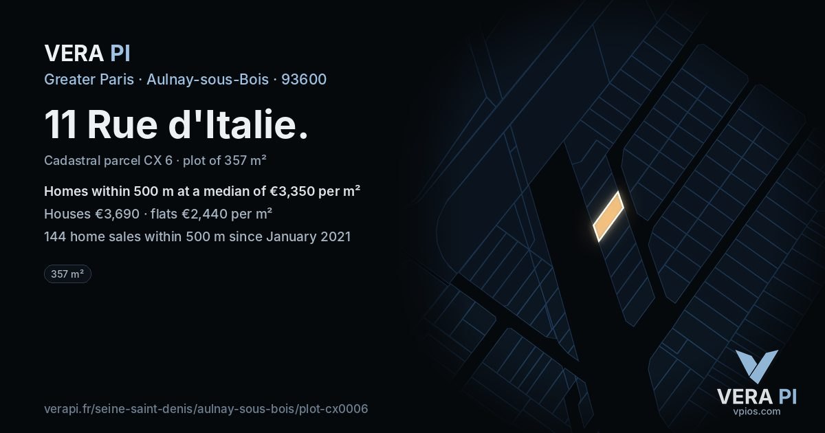 11 Rue d'Italie, Aulnay-sous-Bois at night – the plot lit, the parcels around coloured by the prices near them