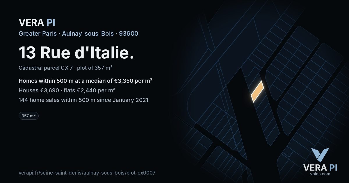 13 Rue d'Italie, Aulnay-sous-Bois at night – the plot lit, the parcels around coloured by the prices near them
