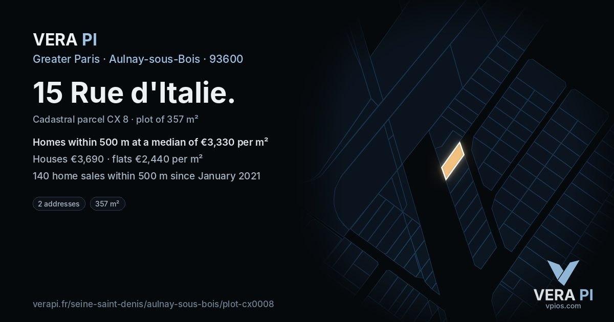 15 Rue d'Italie, Aulnay-sous-Bois at night – the plot lit, the parcels around coloured by the prices near them