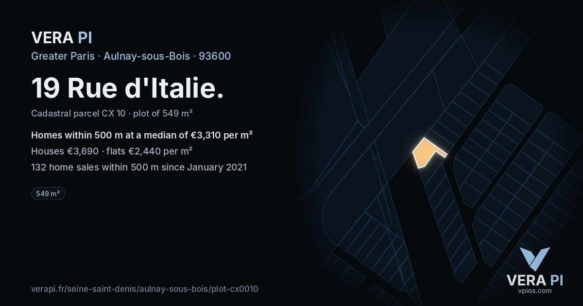 19 Rue d'Italie, Aulnay-sous-Bois at night – the plot lit, the parcels around coloured by the prices near them