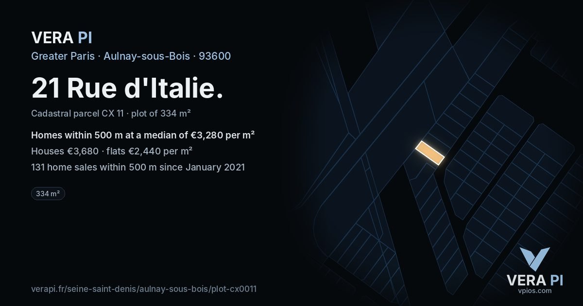 21 Rue d'Italie, Aulnay-sous-Bois at night – the plot lit, the parcels around coloured by the prices near them