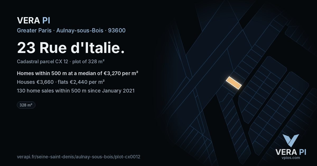 23 Rue d'Italie, Aulnay-sous-Bois at night – the plot lit, the parcels around coloured by the prices near them