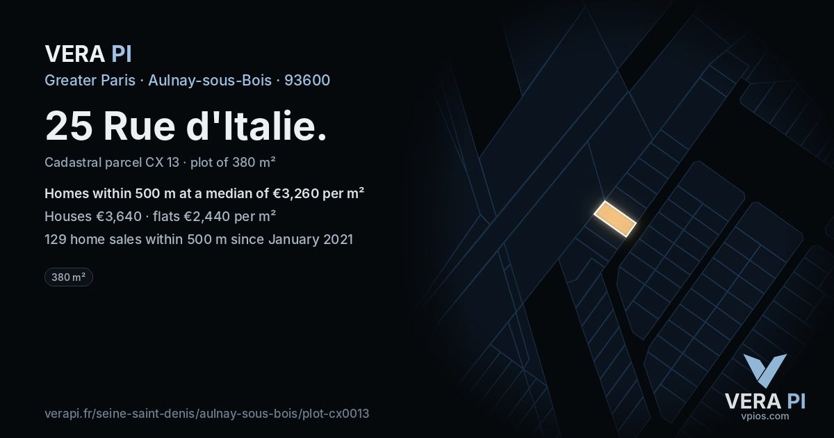 25 Rue d'Italie, Aulnay-sous-Bois at night – the plot lit, the parcels around coloured by the prices near them