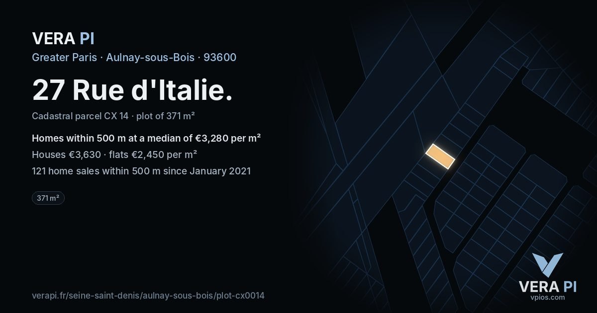 27 Rue d'Italie, Aulnay-sous-Bois at night – the plot lit, the parcels around coloured by the prices near them