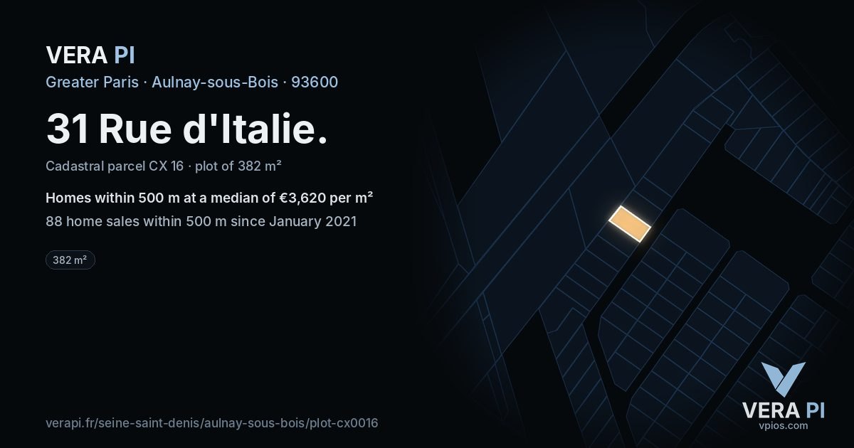 31 Rue d'Italie, Aulnay-sous-Bois at night – the plot lit, the parcels around coloured by the prices near them