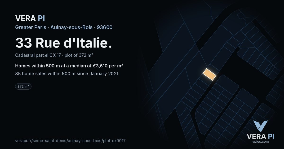 33 Rue d'Italie, Aulnay-sous-Bois at night – the plot lit, the parcels around coloured by the prices near them