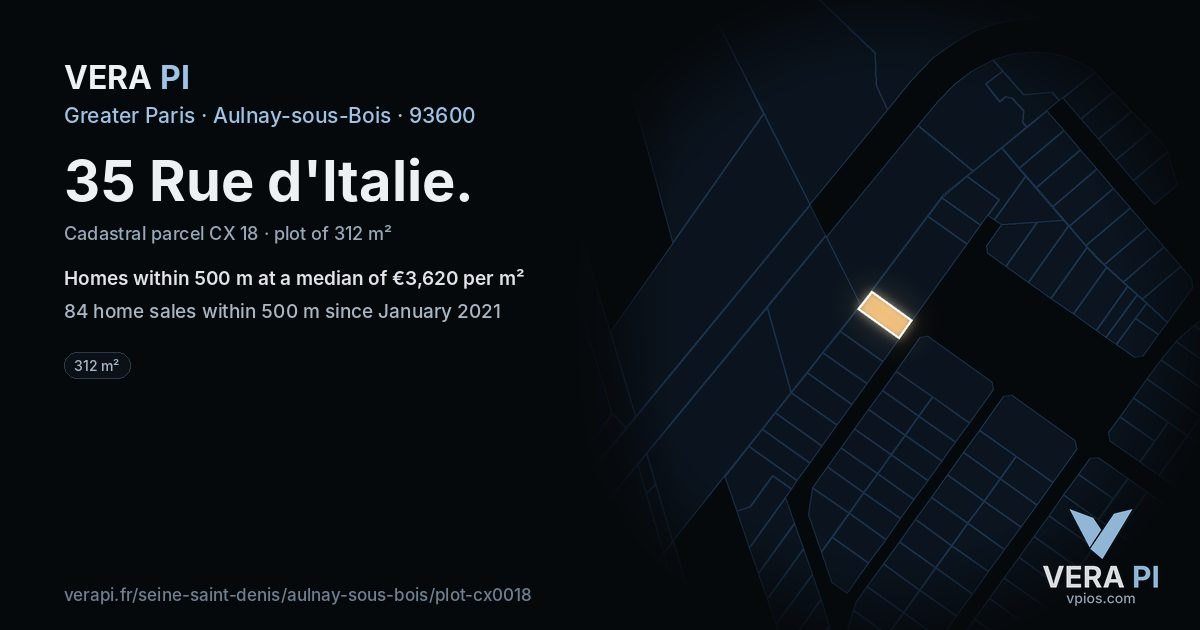 35 Rue d'Italie, Aulnay-sous-Bois at night – the plot lit, the parcels around coloured by the prices near them