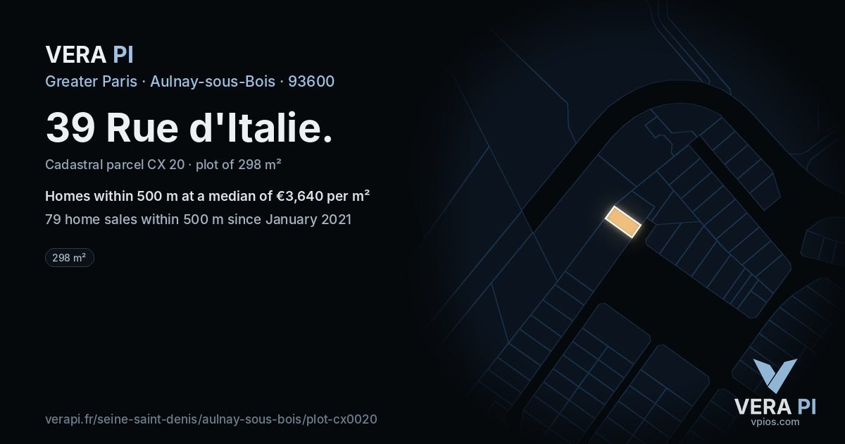 39 Rue d'Italie, Aulnay-sous-Bois at night – the plot lit, the parcels around coloured by the prices near them