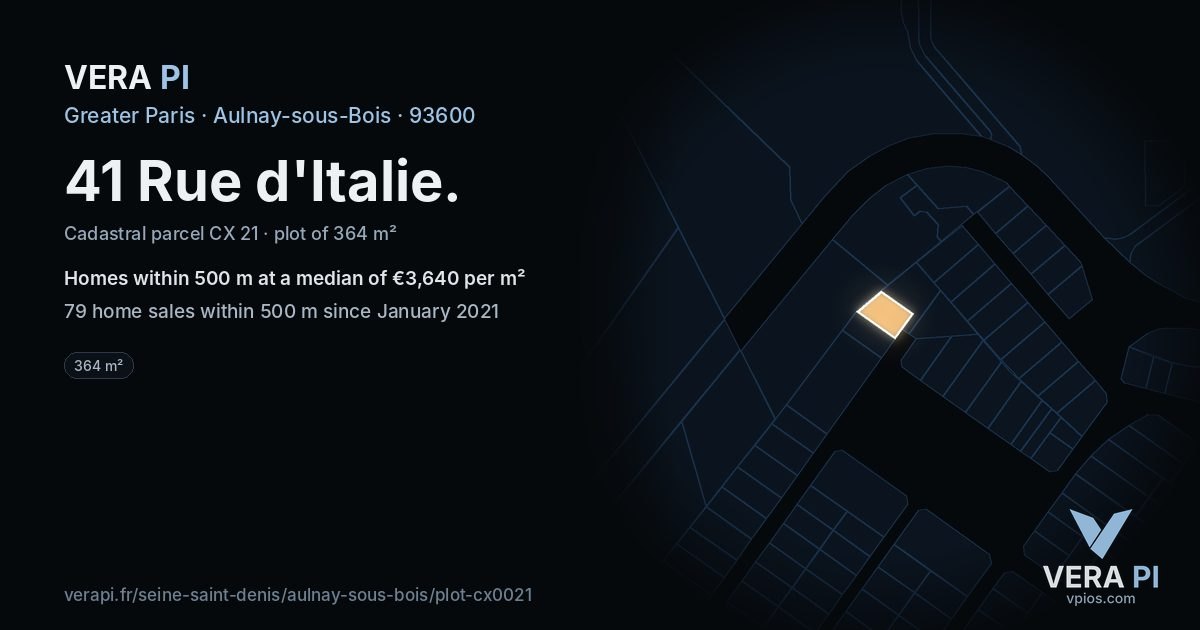41 Rue d'Italie, Aulnay-sous-Bois at night – the plot lit, the parcels around coloured by the prices near them