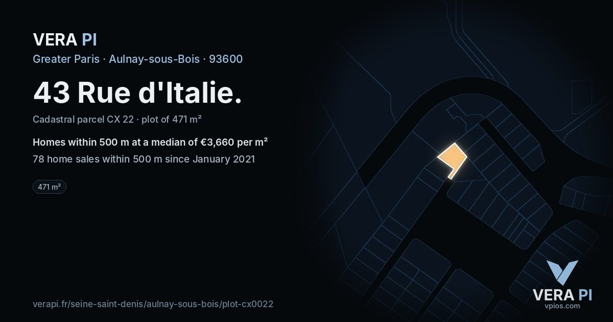 43 Rue d'Italie, Aulnay-sous-Bois at night – the plot lit, the parcels around coloured by the prices near them