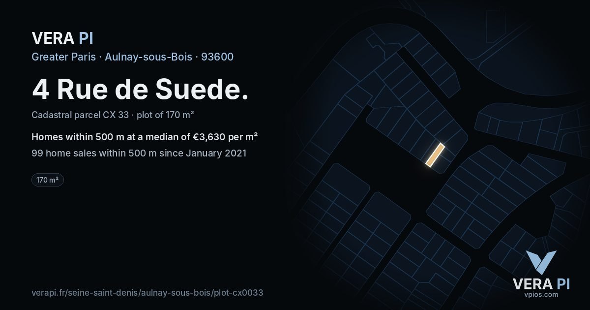4 Rue de Suede, Aulnay-sous-Bois at night – the plot lit, the parcels around coloured by the prices near them