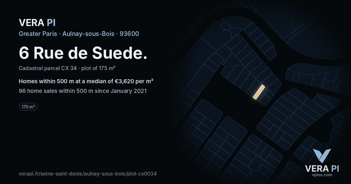 6 Rue de Suede, Aulnay-sous-Bois at night – the plot lit, the parcels around coloured by the prices near them
