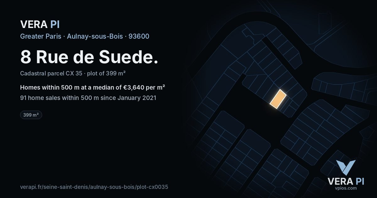 8 Rue de Suede, Aulnay-sous-Bois at night – the plot lit, the parcels around coloured by the prices near them