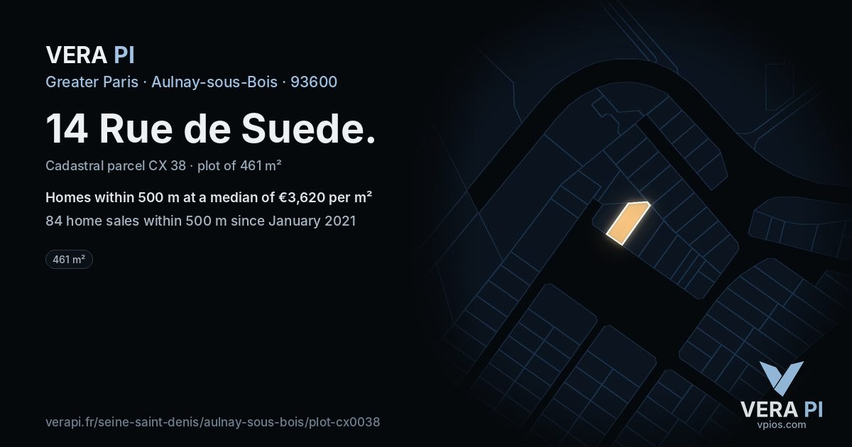 14 Rue de Suede, Aulnay-sous-Bois at night – the plot lit, the parcels around coloured by the prices near them