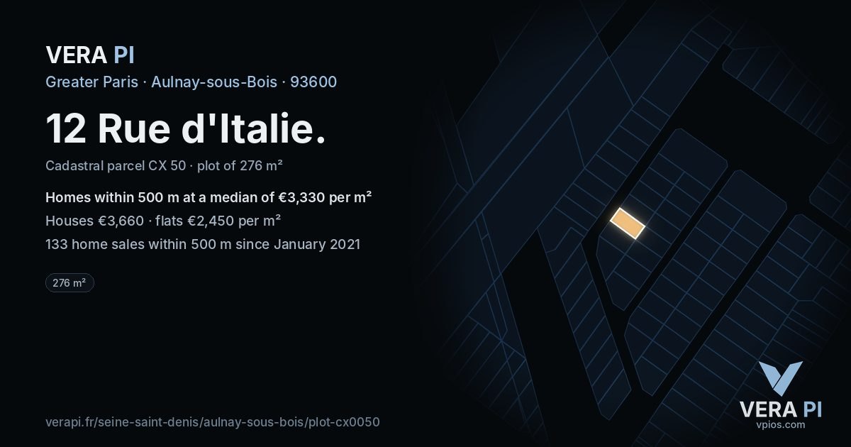 12 Rue d'Italie, Aulnay-sous-Bois at night – the plot lit, the parcels around coloured by the prices near them