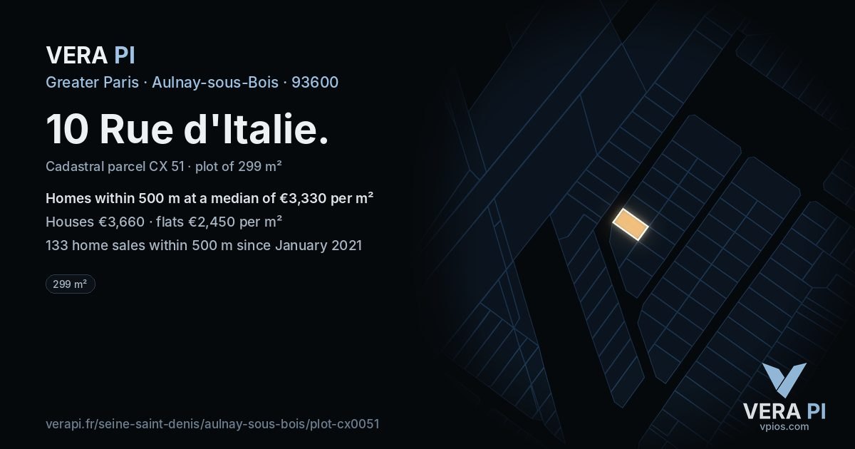 10 Rue d'Italie, Aulnay-sous-Bois at night – the plot lit, the parcels around coloured by the prices near them
