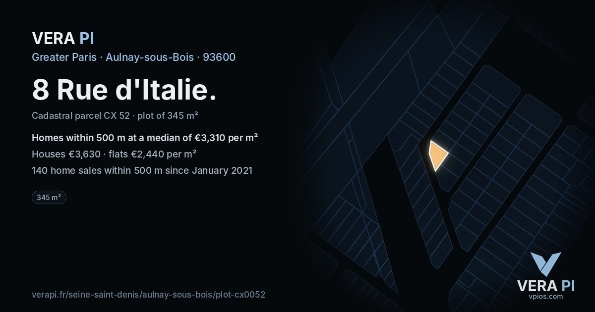 8 Rue d'Italie, Aulnay-sous-Bois at night – the plot lit, the parcels around coloured by the prices near them