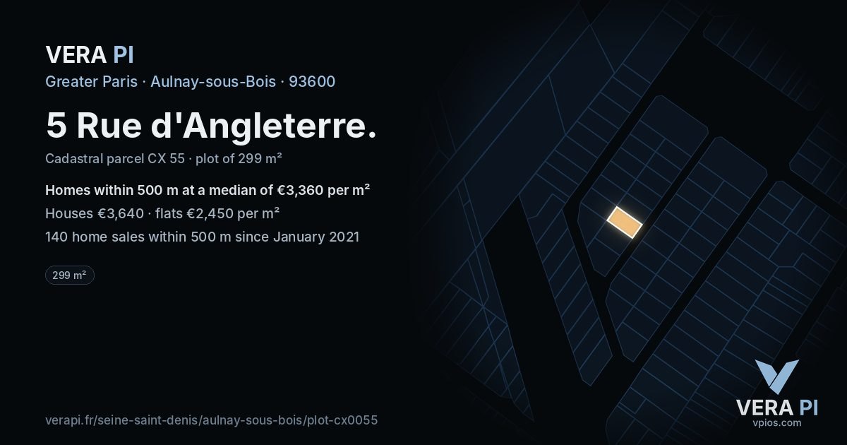 5 Rue d'Angleterre, Aulnay-sous-Bois at night – the plot lit, the parcels around coloured by the prices near them