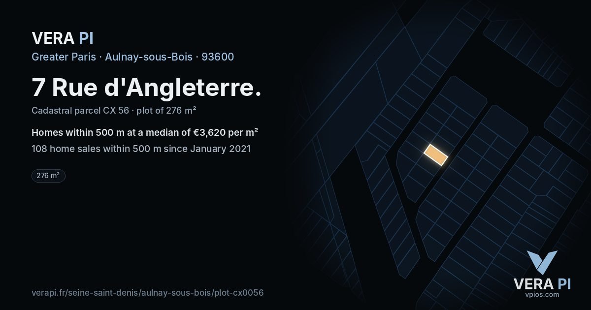7 Rue d'Angleterre, Aulnay-sous-Bois at night – the plot lit, the parcels around coloured by the prices near them