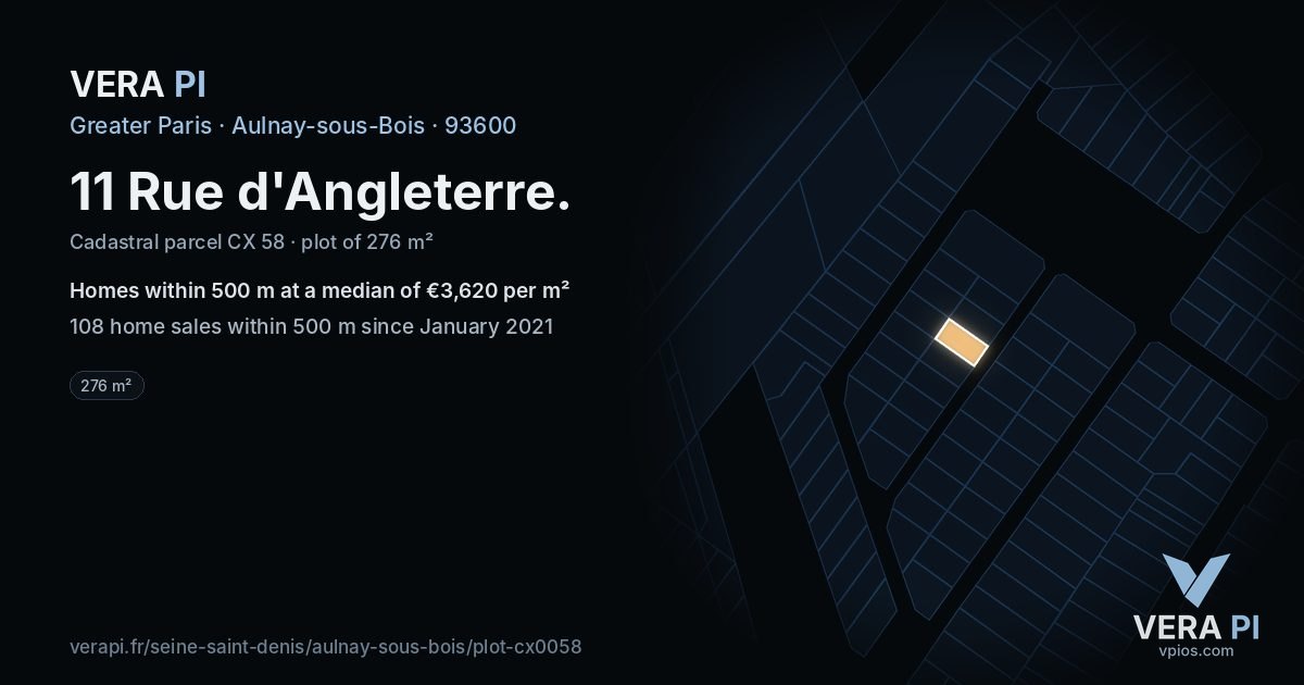 11 Rue d'Angleterre, Aulnay-sous-Bois at night – the plot lit, the parcels around coloured by the prices near them