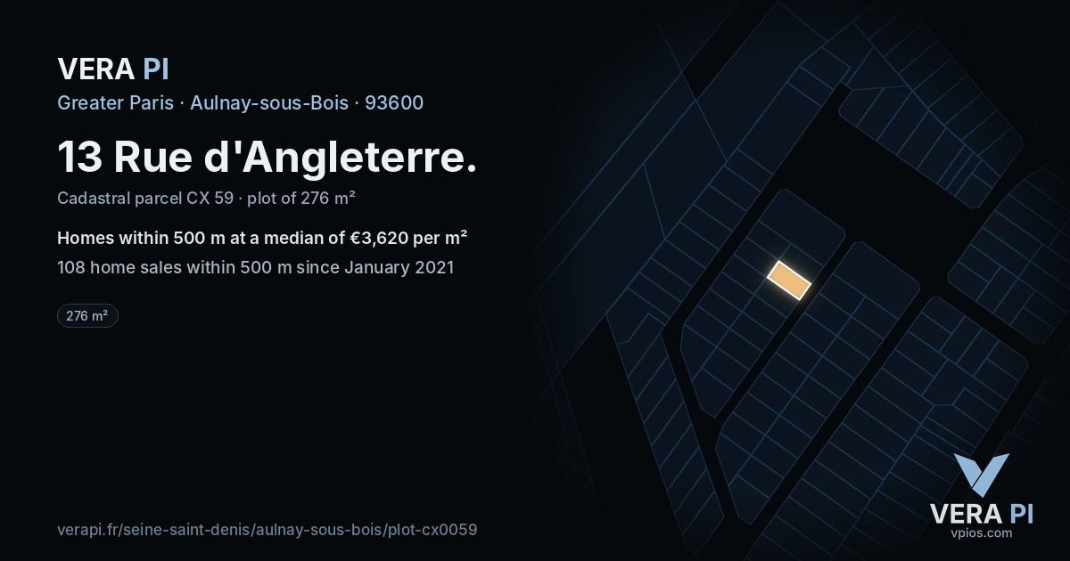 13 Rue d'Angleterre, Aulnay-sous-Bois at night – the plot lit, the parcels around coloured by the prices near them