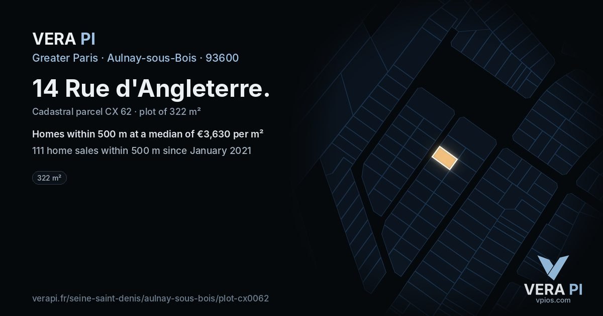 14 Rue d'Angleterre, Aulnay-sous-Bois at night – the plot lit, the parcels around coloured by the prices near them