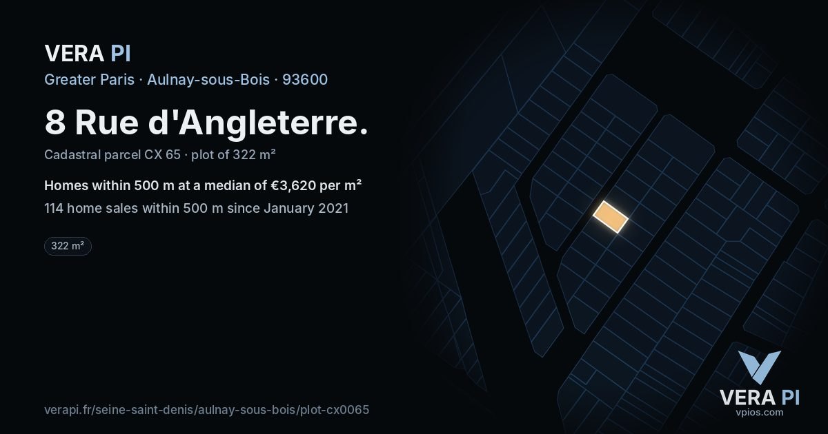 8 Rue d'Angleterre, Aulnay-sous-Bois at night – the plot lit, the parcels around coloured by the prices near them