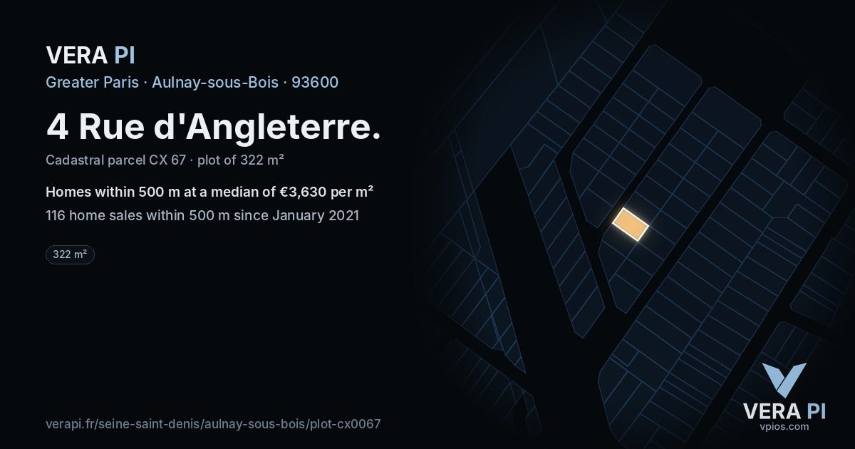 4 Rue d'Angleterre, Aulnay-sous-Bois at night – the plot lit, the parcels around coloured by the prices near them