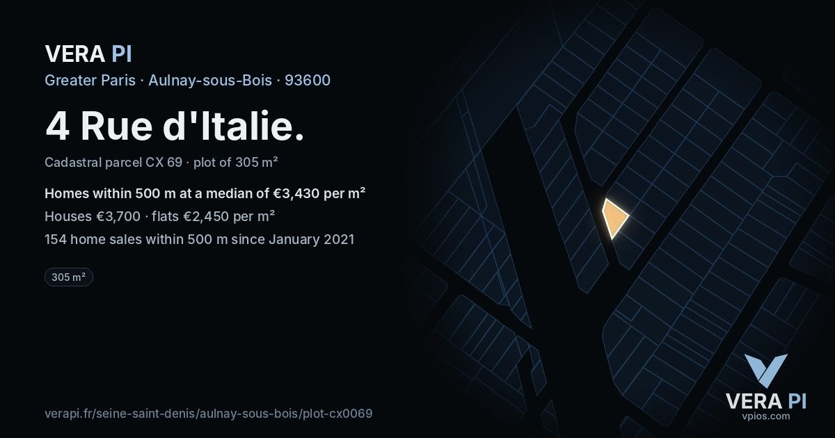 4 Rue d'Italie, Aulnay-sous-Bois at night – the plot lit, the parcels around coloured by the prices near them