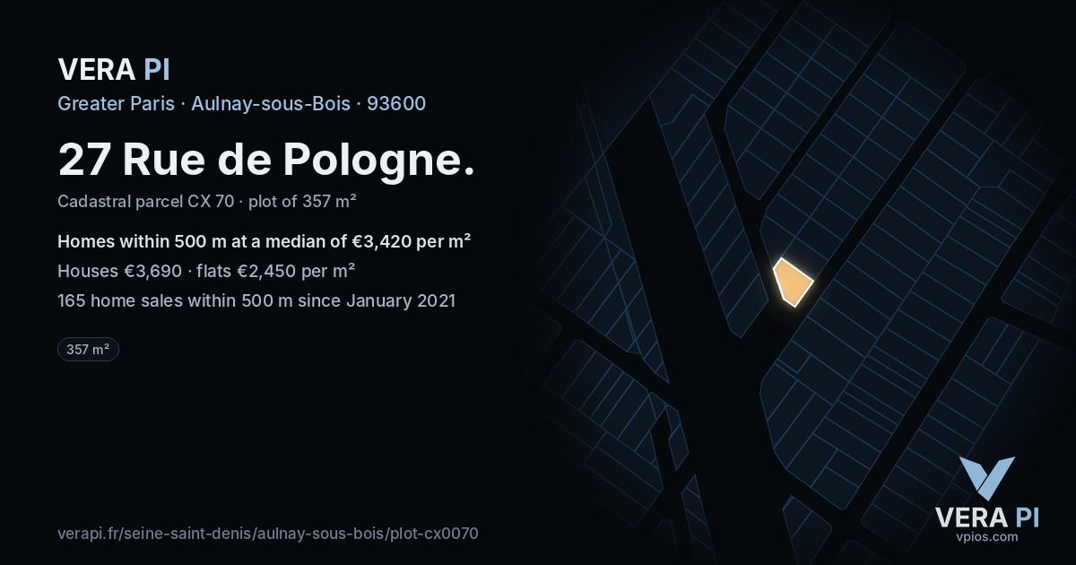 27 Rue de Pologne, Aulnay-sous-Bois at night – the plot lit, the parcels around coloured by the prices near them