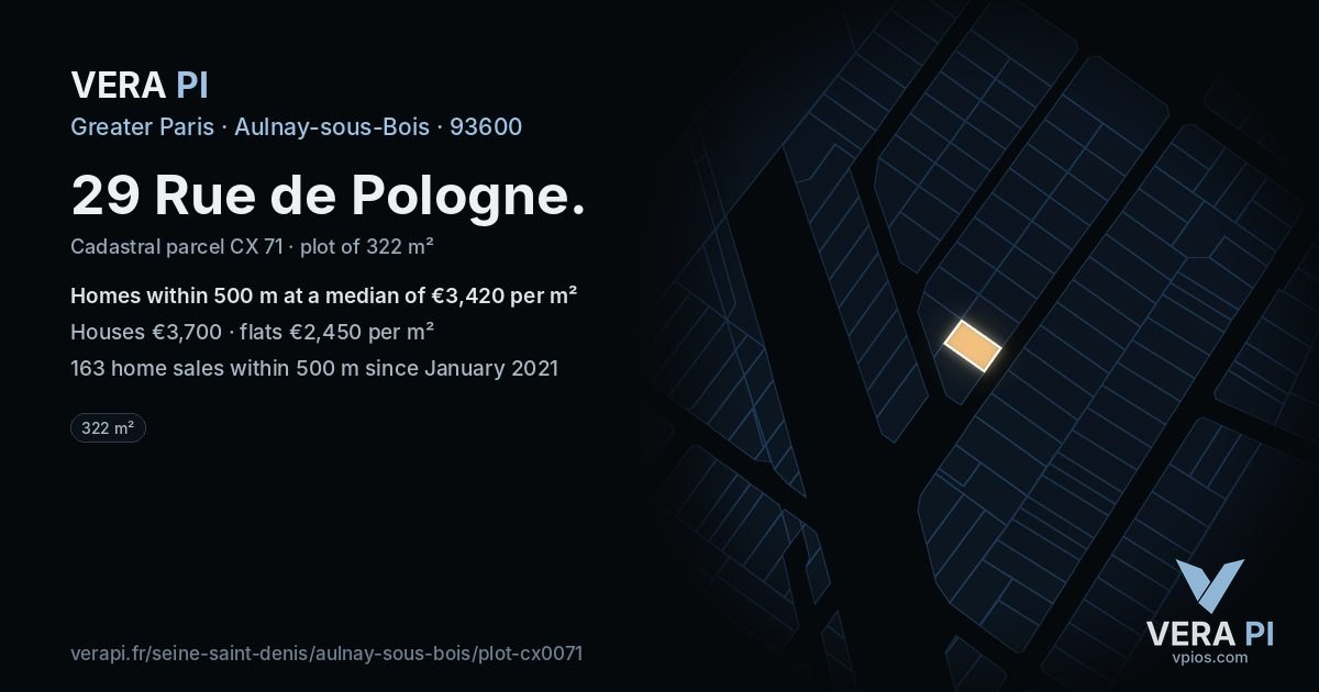 29 Rue de Pologne, Aulnay-sous-Bois at night – the plot lit, the parcels around coloured by the prices near them