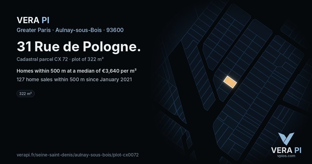 31 Rue de Pologne, Aulnay-sous-Bois at night – the plot lit, the parcels around coloured by the prices near them