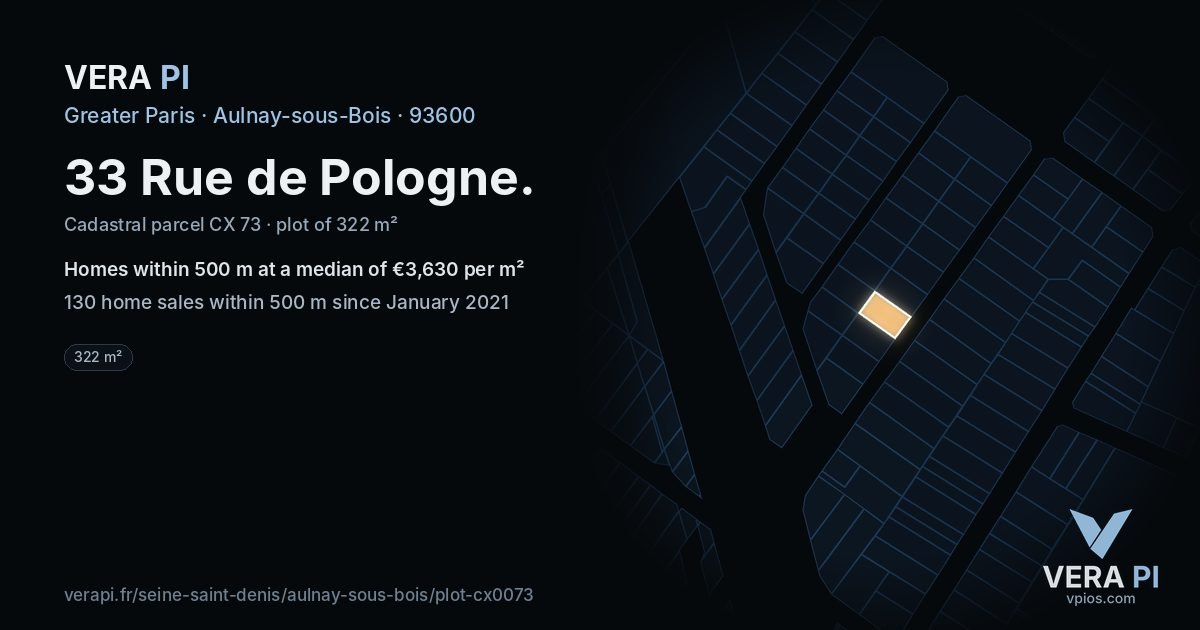 33 Rue de Pologne, Aulnay-sous-Bois at night – the plot lit, the parcels around coloured by the prices near them