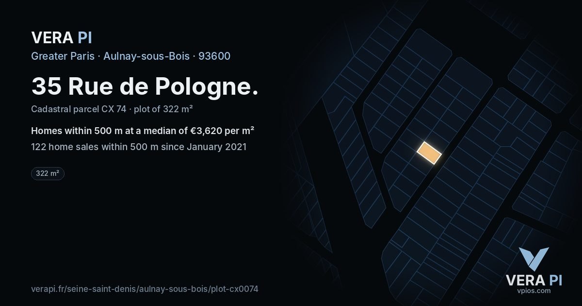 35 Rue de Pologne, Aulnay-sous-Bois at night – the plot lit, the parcels around coloured by the prices near them